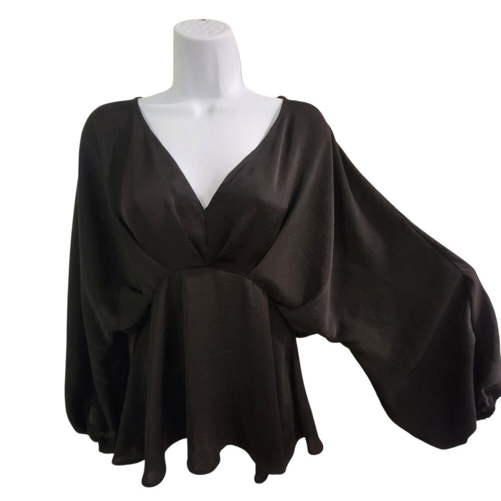 ASOS DESIGN Black Satin Balloon Sleeve Peplum Blouse Size 8